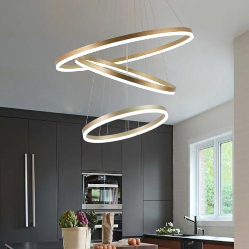 Modern LED Chandelier, 3 Ring Gold Dining Room Light Fixture, Dimmable Kitchen Island Lighting with Remote
