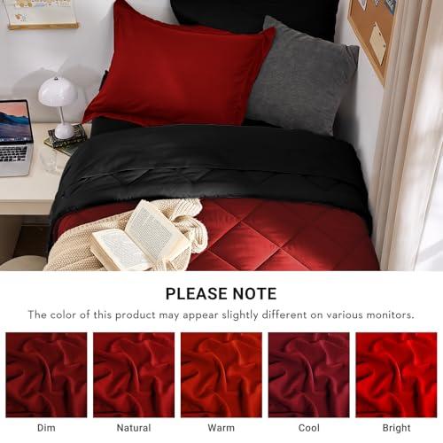 MUXHOMO 5 Pieces Twin XL Comforter Set, Reversible Bed in a Bag Twin XL Size, All Season Bedding Set with Comforter, Flat Sheet, Fitted Sheet, Pillowcases & Shams, Red & Black