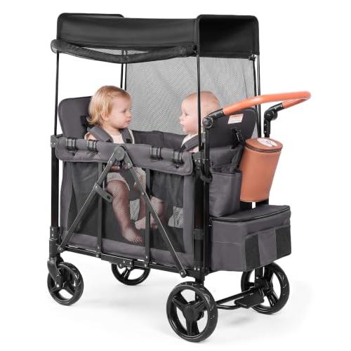 Stroller Wagon for 2 Kids, Foldable 2 Seater Wagon Stroller with Raised Seats, 5-Point Harnesses, Adjustable UPF 50  Canopy, Front Zip Door, All-Terrain Wheels, Insulated Snack Bag, Gray