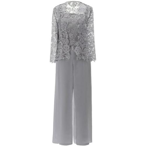 Size L Mother of The Bride Pant Suits with Lace Jacket 3 Pcs Chiffon Long Evening Gowns Outfit