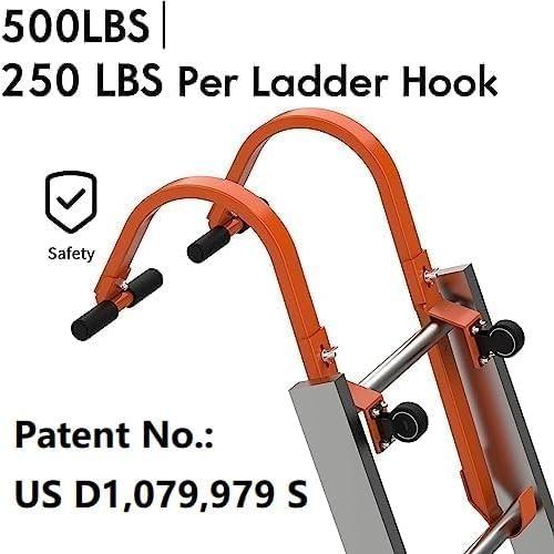 Roof Ladder Hook, 2 Pack Ladder Stabilizer, Heavy Duty Steel 500 Lbs Weight Ratin, Roof Ridge Extension with Wheel for Safe and Easy Access