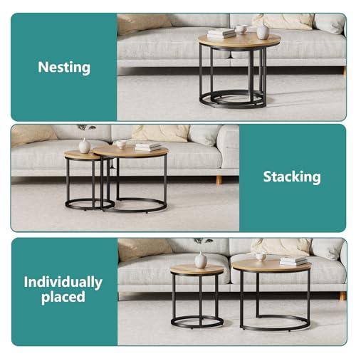 Color Brown Nesting Coffee Table Set of 2, 23.6 Round Coffee Table Brown Wood with Adjustable Non-Slip Feet, Industrial End Table Side Tables for Living Room Bedroom Balcony Yard