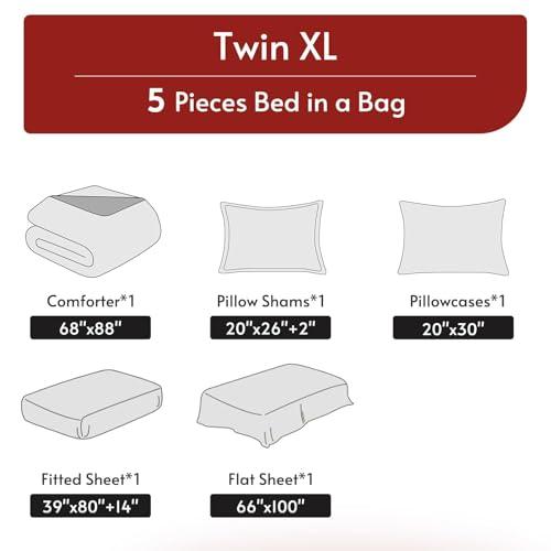 MUXHOMO 5 Pieces Twin XL Comforter Set, Reversible Bed in a Bag Twin XL Size, All Season Bedding Set with Comforter, Flat Sheet, Fitted Sheet, Pillowcases & Shams, Red & Black