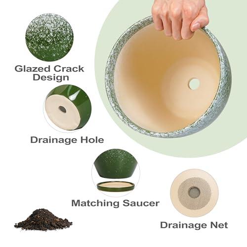 10 Inch Plant Pot - Ceramic Planters for Indoor Plants Outdoor, Large Planter with Drainage Hole and Saucer, Decorative Round Flower Pots, Garden House Decor, Gifts for Plant Lovers, Green