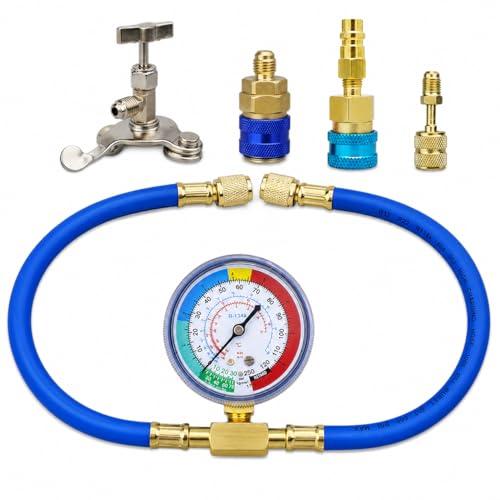 R1234YF Refrigerant Recharge Kit with Gauge – 1234YF Refrigerant & R134A AC Recharge Kits, with R-1234YF r134a Recharge Kit Self-Piercing Can Tap, Low-Side Quick Coupler, R410A Adapter for Auto AC