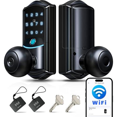Veise VE028 WiFi Fingerprint Smart Door Lock with Knob Handle, Matte Black