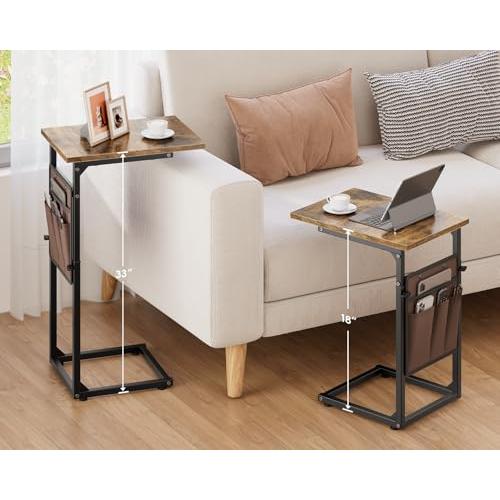 Vagusicc C Shaped End Table, 33Tall Side Table for Couch, Adjustable Height Sofa Table Small Couch Side Tables, Slide Under Recliner TV Tray Arm Tables with Metal Frame for Living Room,Bedroom,Brown