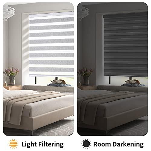 GENIMO Cordless Zebra Blinds for Windows, Dual Layer Roller Window Shades, Sheer or Privacy Light Control for Day and Night, Mini Door Blinds for Home, Office, Easy to Install, Grey, 29 W X 72 H