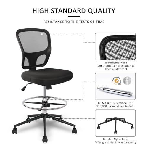 Armless Drafting Chair Tall Office Chair Adjustable Height High Back Ergonomic Desk Chair Drafting Stool Rolling Bar Stools Chairs with Footrest and Wheels