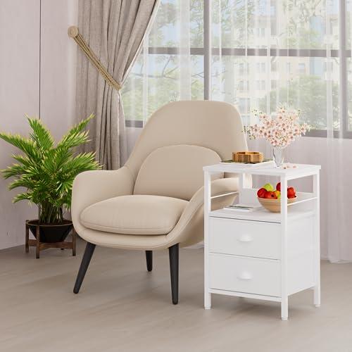 Furologee Nightstands Set 2, End Table with 2 Fabric Drawers, Bedside Table with 2 Hooks, Open Wood Shelf Side Sofa Table for Bedroom/Living Room/Hallway/White