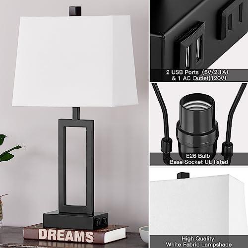 2pk 23.5 Touch Control Table Lamps  Bedside Lamp with 2 USB Ports & AC Outlet, 3-Way Dimmable Nightstand Lamp with White Linen Shade for Living Room Bedroom End Table Office(2 LED Bulb Included)