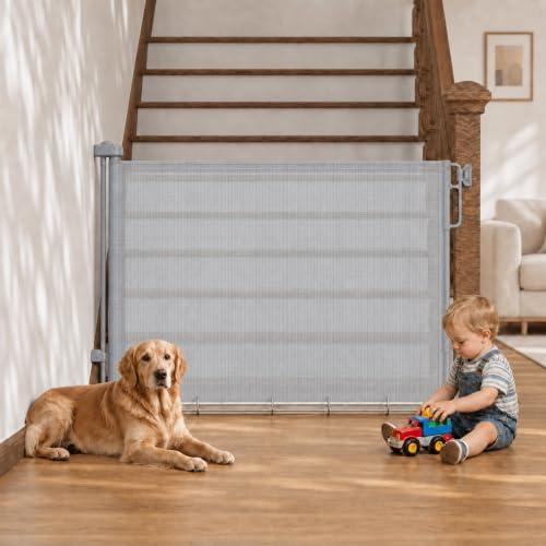 Cumbor 37-55 Retractable Baby Gates for Stairs & Doorways, Indoor Outdoor | Hardware Mounted Mesh Dog & Pet Gate, Easy Walk Through, One-Hand Operation, Anti-Crawl Adjustable Safety Gate for Dog, Grey