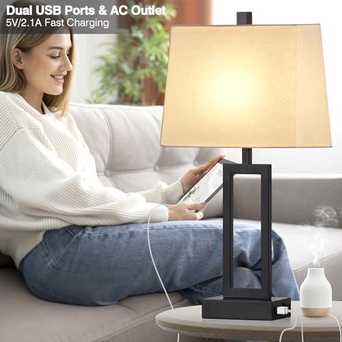2pk 23.5 Touch Control Table Lamps  Bedside Lamp with 2 USB Ports & AC Outlet, 3-Way Dimmable Nightstand Lamp with White Linen Shade for Living Room Bedroom End Table Office(2 LED Bulb Included)