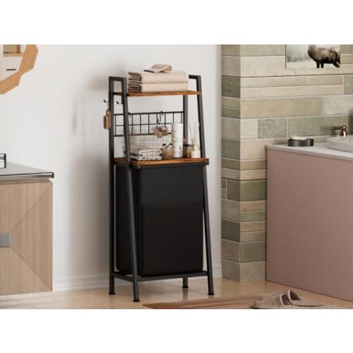 Furnulem Laundry Hamper, Vertical Laundry Basket with 2 Tiers Wooden Shelf and Hooks, Clothes Hamper with Pull-Out and Removable Bag for Bathroom, Bedroom, Dorm, 13.21 Gallons (50L)