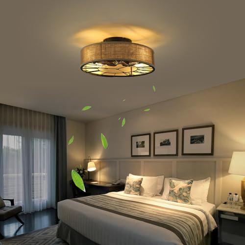20''Boho Ceiling Fans with Lights and Remote Flush Mount, Caged Low Profile Ceiling Fan with Light, Small Bladeless Rustic Burlap Fandelier 6 Speeds for Bedroom Kitchen Living Room,with Bulb