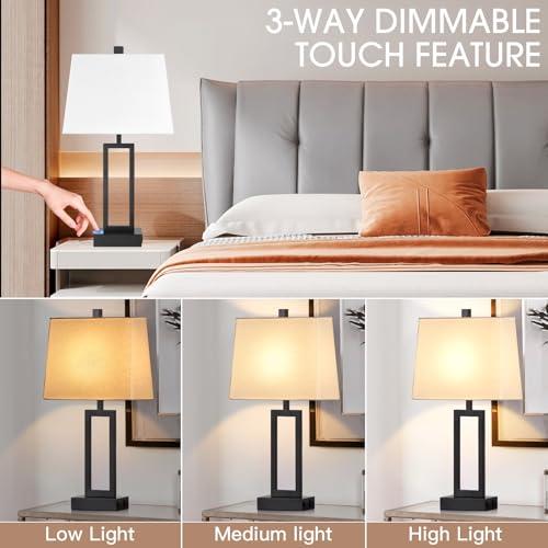 2pk 23.5 Touch Control Table Lamps  Bedside Lamp with 2 USB Ports & AC Outlet, 3-Way Dimmable Nightstand Lamp with White Linen Shade for Living Room Bedroom End Table Office(2 LED Bulb Included)