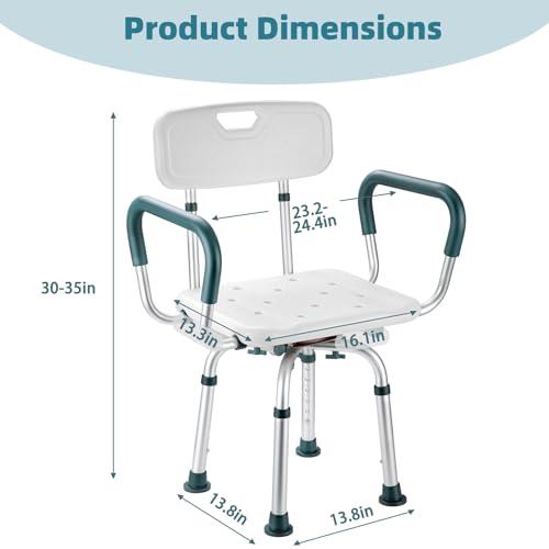 Swivel Shower Chair with Arms and Back, 350lbs Heavy Duty Shower Seat for Inside Shower Stall and Bathtub, Height Adjustable Safety Bath Seat for Elderly, Adults, Handicap and Disabled