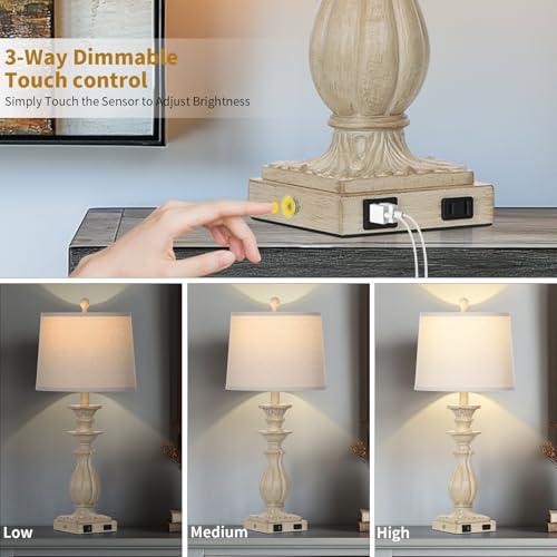 28 Farmhouse Table Lamps Set of 2 for Living Room, 3 Way Dimmable Bedside Lamp with USB C A Ports & AC Outlet, Resin Vintage Tall Nightstand Lamps for Bedroom Office Hallway, Beige