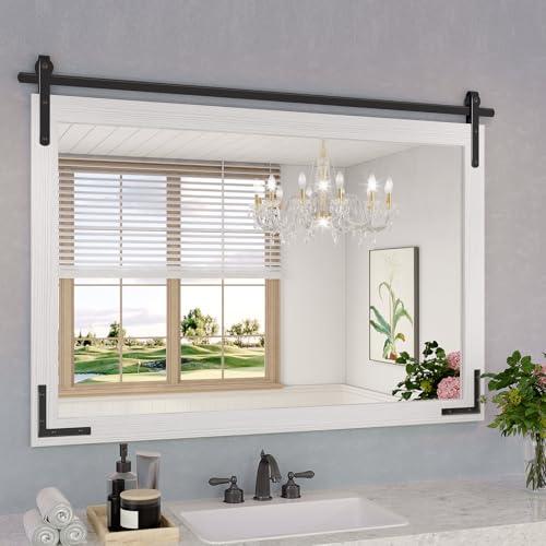 Farmhouse Bathroom Mirror, 40x30 Inch White Vanity Mirror for Wall, Wood Framed Rustic Mirror Rectangular Wall Decor Mirrors for Entryway Living Room Bedroom