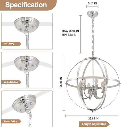 DLLT 6-Light Chrome Globe Pendant Light Fixtures, Industrial Sphere Pendant Lighting Over Island for Dining Room Foyer