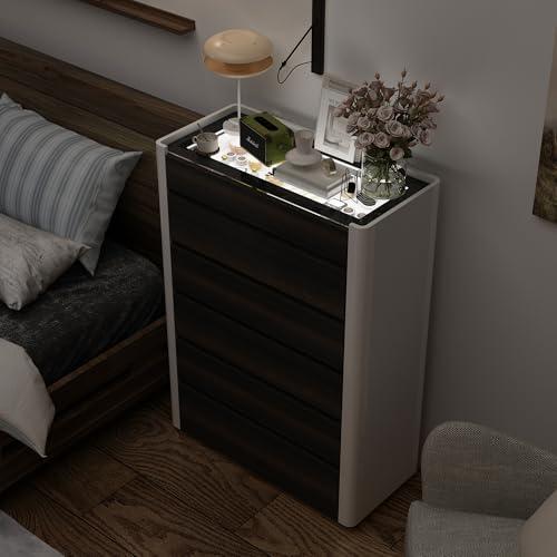 Tall Dresser with 5 Handleless Drawers & 3 Color LED Light, Modern Chest of Drawers with Glass Top & Wood Grain for Bedroom Living Room, Brown & White