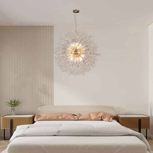 24-Light Farmhouse Crystal Chandeliers, Large Gold Beaded Lamp, Modern Firework Pendant Lighting, Sputnik Dandelion Hanging Lights for Living Room Bedroom Dining Room (Gold, D39.3inch)
