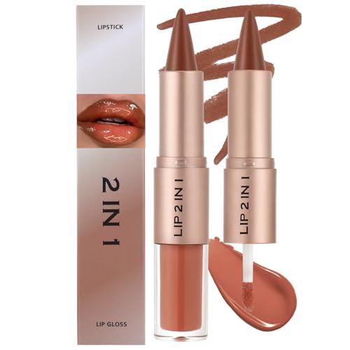 Lip Liner & Gloss Lipstick Combo - 2 in 1 Dual-Ended Lip Combo Set, Nude Brown Velvet Matte Lip Liner & Buildable Light Brown Glowy Lip Gloss Kit for Women, Long Wear Shiny Plumping Finish, 06