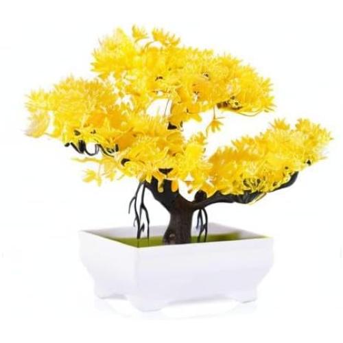 Mini Artificial Bonsai Tree with Cement Pot Home Decor, Yellow