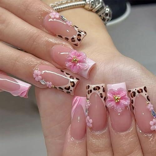 24Pcs 3D French Tip Press on Nails Long Square Flower Fake Nails with Rhinestones Design Pink False Nails Leopard Coffin Tip Stick on Nail Spring Summer Acrylic Nail Floral Glue on Nails for Women
