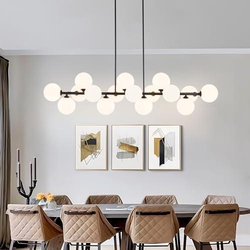 Black 55 x 11.8 x 82.6 Linear Chandeliers for Dining Room, 55in Large Modern Globe Chandelier 16-Light Large Pendant Lights Kitchen Island Lighting with Milk White Glass Sputnik Chandelier Bubble Sputnik Light Fixture