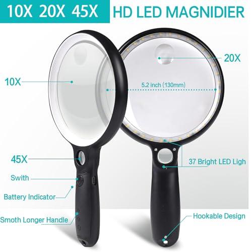 Large Magnifying Glass with 37 LED Light and Case, 10X 20X 45X Handheld