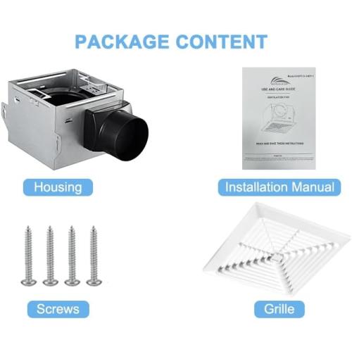 Bathroom Exhaust Fan 80CFM 1.5Sone, Quiet Bath Fan with 4inch duct, Energy-Saving Household Ventilation Fan, No Attic access Needed Installation, Classic White Grille (80CFM)