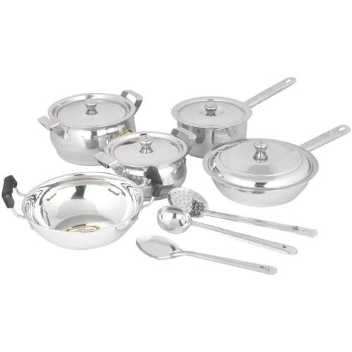 Kitchen Cookware Sets, 12-Piece Basic Stainless Steel Induction Pots and Pans, Serving Spoons - Oven & Dishwasher Safe, Easy to Clean, Heavy Duty, Silver