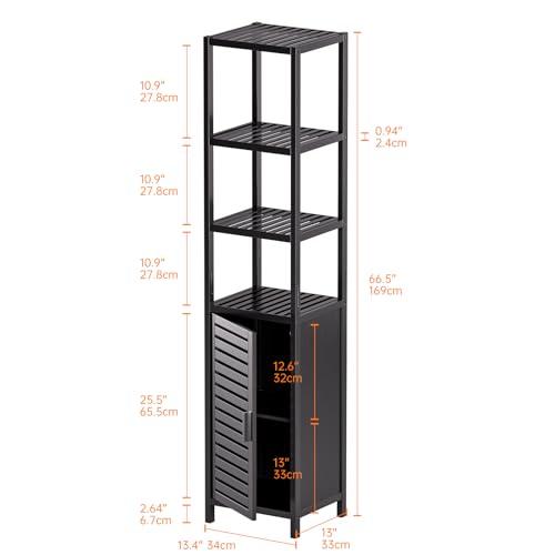 HITNET Bathroom Cabinet Freestanding, Tall Slim Bamboo Storage Cabinet with Shelves and Door, Space Saving Kitchen Cupboard Organizer, Black