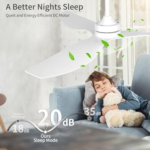 Ceiling Fans without Light,52 Inch Ceiling Fan with Remote Control,3 Reversible Blade,White Ceiling Fan for Bedroom, Living Room,Hallway