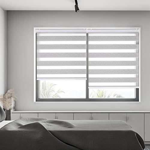 GENIMO Cordless Zebra Blinds for Windows, Dual Layer Roller Window Shades, Sheer or Privacy Light Control for Day and Night, Mini Door Blinds for Home, Office, Easy to Install, Grey, 29 W X 72 H