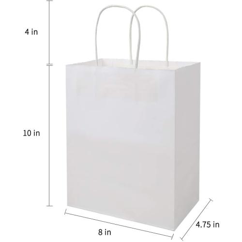 Medium White Kraft Paper Bags with Handles Bulk, Gift Bags, Craft Grocery Shopping Retail Birthday Party Favors Wedding Sacks Restaurant Takeout, Business