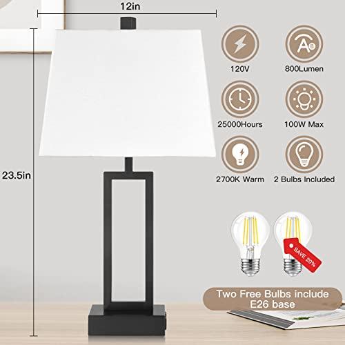 2pk 23.5 Touch Control Table Lamps  Bedside Lamp with 2 USB Ports & AC Outlet, 3-Way Dimmable Nightstand Lamp with White Linen Shade for Living Room Bedroom End Table Office(2 LED Bulb Included)