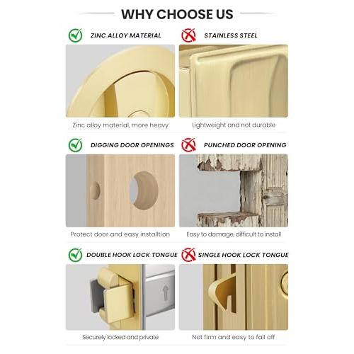 goldenwarm Brushed Nickel Round Pocket Door Lock, Pocket Door Hardware for 2-1/8'' Round Bore Hole, Pocket Door Handles Fit 1-1/4'' to 2'' Thickness Sliding Door 2-3/8'' Latch 1 Pack