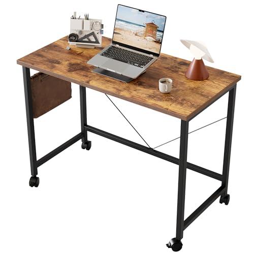 (Caster, Rustic Brown, 32 inch) Rolling Computer Desk with Wheels, Gaming Desk for Small Spaces, Modern Simple Style Table for Home Office, Study Writing Table