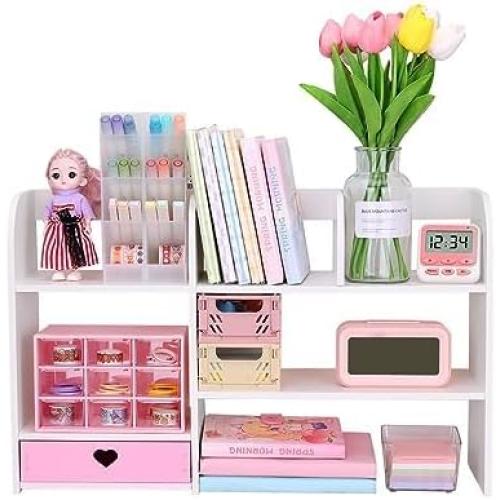 Cute Bookshelves Cute Bookshelf for Desk Kawaii Desk Organizer with Drawer Office Desk Organizers and Accessories Storage Home Decor Display (Pink)