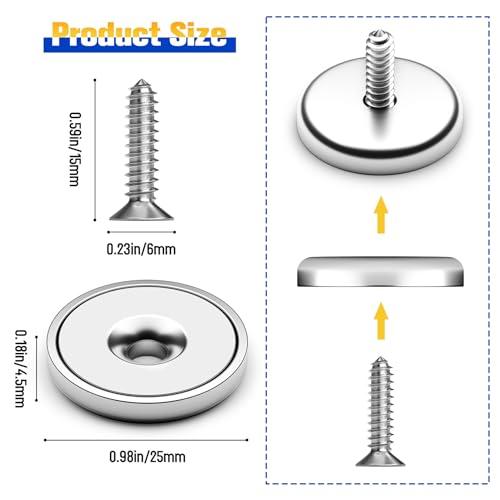 VNDUEEY Neodymium Cup Magnets, Strong Rare Earth Magnets 12 Pack 60LBS Round Base Disc Magnet Heavy Duty with Countersunk Hole and Stainless Screws for Kitchen Office Workplace Craft Holding Tools