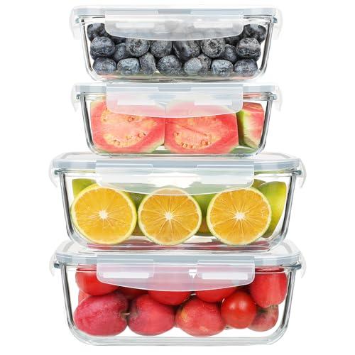 KOMUEE 4 Pack 63oz 27oz Large Glass Food Storage Containers Set with Airtight Lids, BPA-Free, Meal Prep Containers for Storing, Freezer, Microwave and Oven Safe