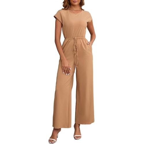 Women's Casual Loose Jumpsuits Crew Neck Short Sleeve Wide Leg Pant Rompers One Piece Outfits with Pockets