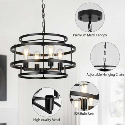 4-Light Black Chandelier for Dining Room, 19.7 Modern Farmhouse Pendant Light with Geometric Metal Frame, Industrial Flush Mount Ceiling Light for Living Room, Bedroom, Kitchen Island, Hallway, Foyer