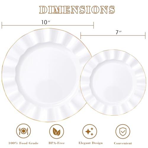 HIGH END 100 Pcs White Wave Plastic Plates with Gold Trim