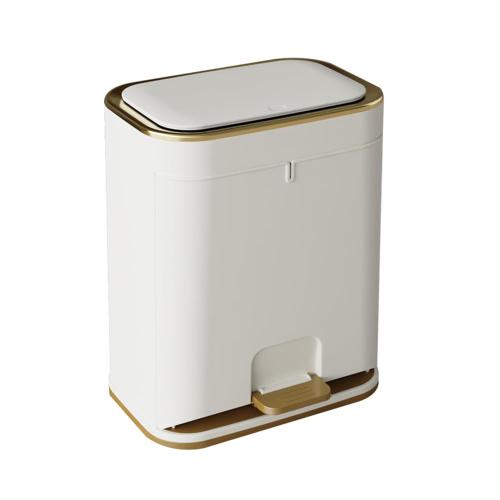 Size 3 gallon Color White and Gold Bathroom Trash Can with Lid, Plastic 3 Gallon Garbage can with Press top Lid Gold Step Pedal Trash can, Narrow White Trash bin for Bathroom, Bedroom, Restroom, Living Room, Office, Dog Proof Trash Can