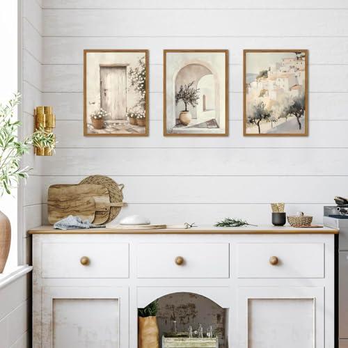 Framed Vintage Italian Wall Art Set of 3, Rustic Neutral Olive Tree Pictures Wall Decor, Mediterranean Farmhouse Landscape Paintings Canvas Prints Country Home Decor for Living Room Bedroom 16x24 inch