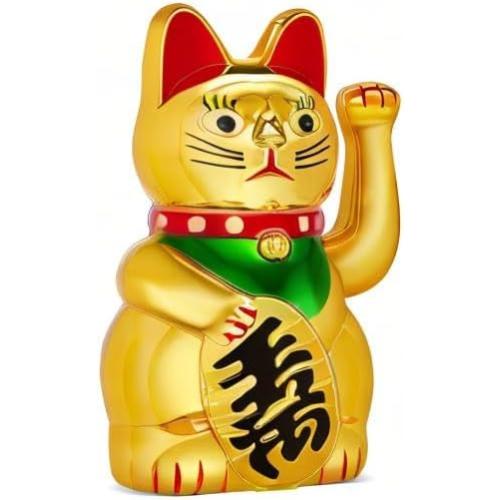 Chunful 5 Inch Lucky Cat Waving Arm Maneki Neko Gold Lucky Fortune Cat with Waving Hand Paw up for Feng Shui Welcoming Fortune Luck Wealth Prosperity Decoration, Battery Cover Not Included