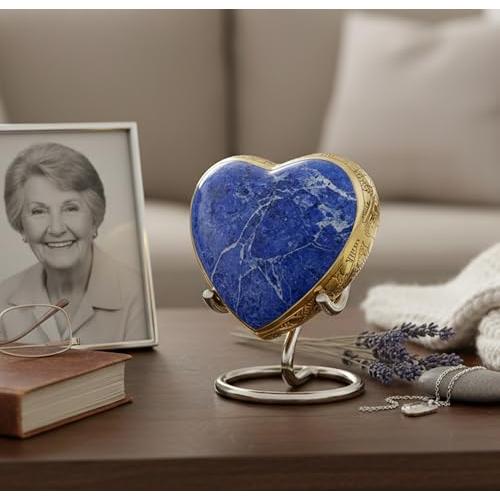 eSplanade Brass Mini Cremation Urn Heart-Shaped Keepsake Memorial Jar Pot Container | Small Urn for Funeral Ashes Burial | Stone Textured Keepsake with Stand | Blue - 2.75 Inches
